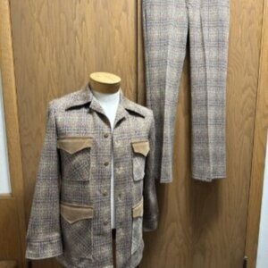 VTG 1970s Leisure Suit Lee Suede Plaid Double-Knit Pants Jacket Belted-Back